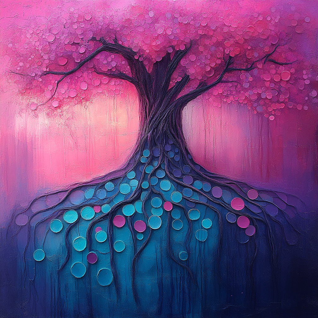 Leisa_httpss.mj.runlE-5d9yAT5E_tree_roots_pink_turquoise_purple_df058a32-dfe6-4c30-9e76-240c7cc7a085